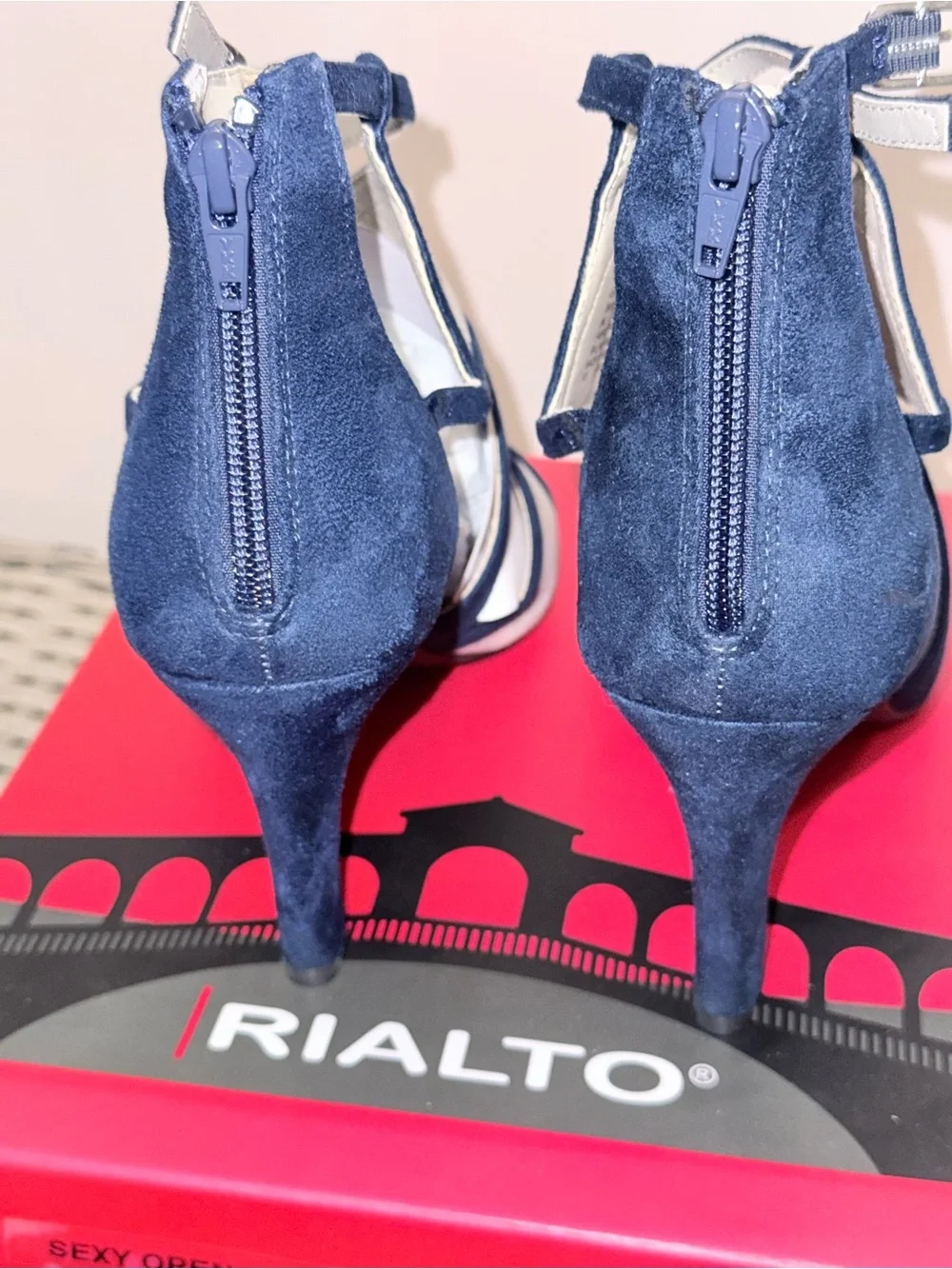 Rialto Navy and Gray Crisscross Suede Heels BRAND NEW SZ9